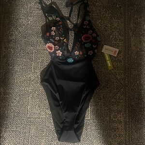 Gianni Bini Black Floral Embroidered One Piece Swimsuit